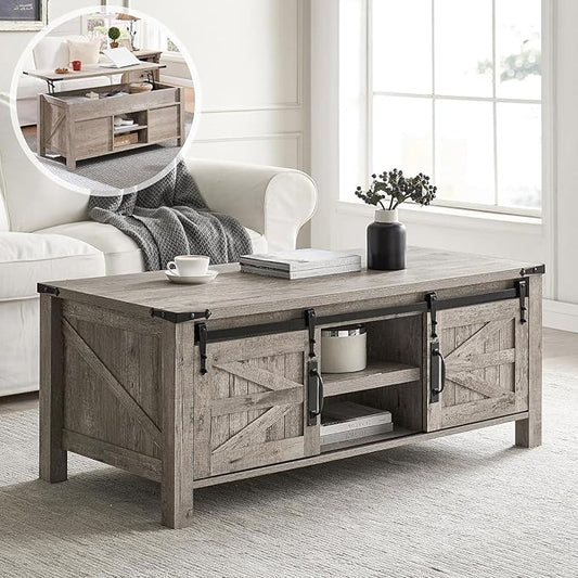 OKD 48" Farmhouse Lift Top Coffee Table with Sliding Barn Door,Rustic Center Table w/Hidden Storage Compartment, Lift Tabletop Dining Table w/Adjustable Shelf for Living Room,Light Rustic Oak