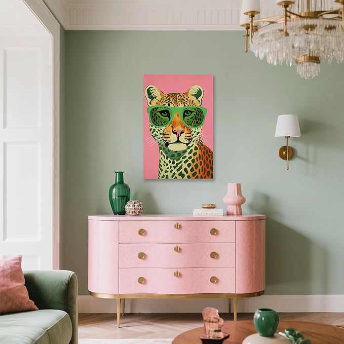 7CANVAS Pink Cheetah Print Canvas Wall Art Leopard Wall Decor Preppy Room Decor Animal with Sunglasses Chic Picture for Modern Home Girls Dorm 24x36Inch