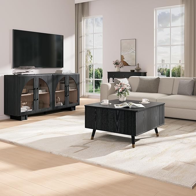 SULIVES Lift Top Coffee Table with Storage,Square Coffee Table with Lifting Top,Modern Center Table with Solid Wood Legs,Small Coffee Tables for Living Room,Black