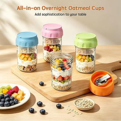 16oz Overnight Oats Containers with Lids & Folding Spoons, 4 Pack Glass Meal Prep Jars with Divided Compartments, Leakproof Airtight Mason Jars for Oatmeal Yogurt Parfait Fruit Snack