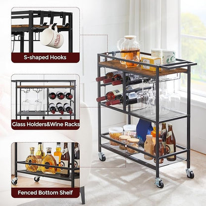 Bar Cart for Home, 3-Tier Serving Cart with Wheels and Handle, Beverage Cart with Wine Rack and Glass Holders, Rolling Wine Cart for Kitchen, Dining Room, Rustic Brown RCHR6101