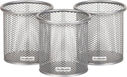 Mind Reader Pen and Accessories Holder, Desktop Organizer, Office, Metal Mesh, 3.5"L x 3.5"W x 3.75"H, Set of 3, Silver