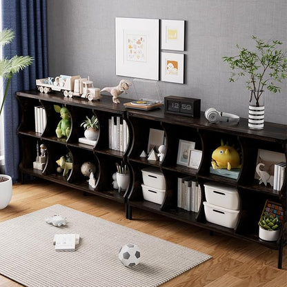 8 Cube Book Shelf, Low and Short Bookshelf, Long Cube Storage Organizer Wood TV Stand, Toy Organization DVD Cabinets for Living Room, Office, Bedroom, Dorm, Dark Brown with Dark Brown Top