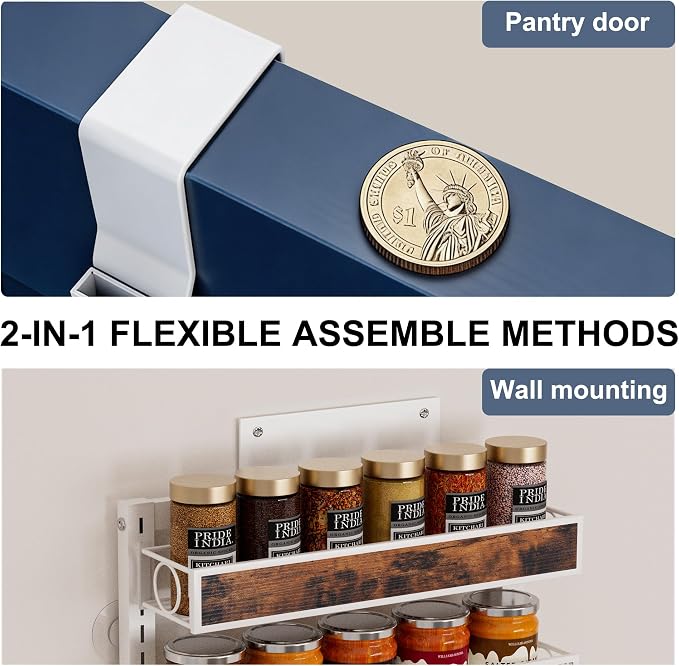 9 Tier Over the Door Pantry Organizer 2 IN 1 Hanging or Wall Mounted Spice Rack with Adjustable Basket,Heavy Duty Seasonning Storage Shelf for Kitchen Pantry and Bathroom White