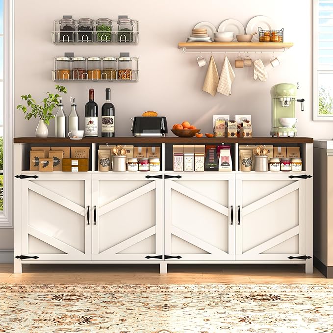63'' Buffet Sideboard with Storage Farmhouse with 4 Doors, Large Kitchen Storage Cabinet Wood Coffee Bar Cabinet Buffet Table with Shelves for Kitchen, Dining Room, Entryway