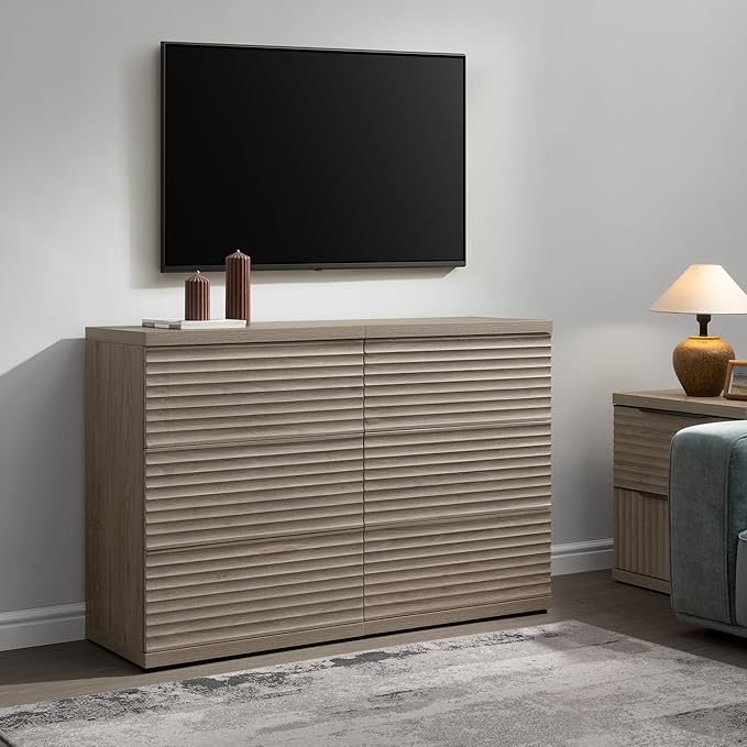 SICOTAS Fluted Sideboard Buffet Cabinet with Storage, Modern Credenza Storage Cabinet with 3 Larger Drawers, Mid Century Coffee Bar Table for Living Room Entryway Kitchen, Grey Alder (2 PCS)