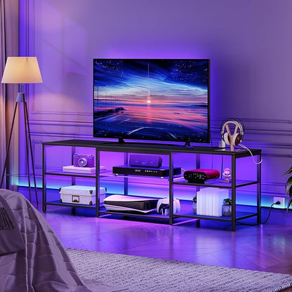 HOOBRO LED TV Stand for 75 Inch TVs with Charging Station, Gaming Entertainment Center with 3-Tier Open Storage, Long 63” Media TV Console Table, TV Stand for Living Room, Bedroom, Black BB21UDDS01