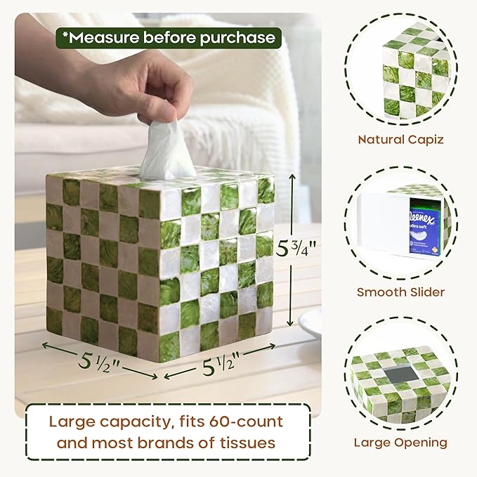 CHI AN HOME 5.5" Square Tissue Box Cover, Handmade Checkered Cube Tissue Box Cover with Capiz Shells, Decorative Tissue Holder for Living Room, Bathroom, Bedroom or Office (Pistachio Green)