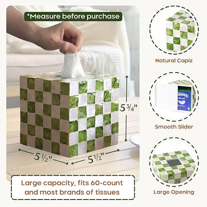 CHI AN HOME 5.5" Square Tissue Box Cover, Handmade Checkered Cube Tissue Box Cover with Capiz Shells, Decorative Tissue Holder for Living Room, Bathroom, Bedroom or Office (Pistachio Green)