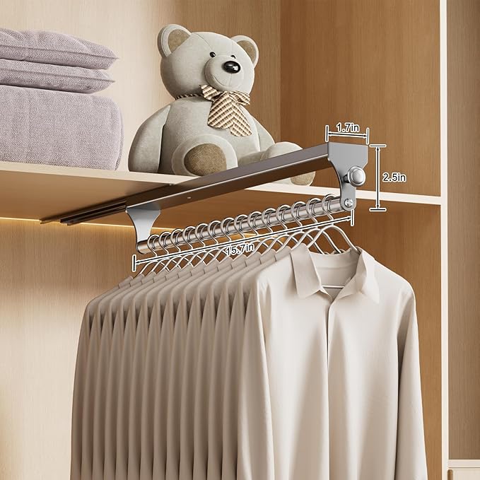 2 Pack Pull Out Closet Rod, 15.7inch Heavy Duty Pants Rack, Adjustable Clothes Hanger Rail, Space Aluminum Valet Rod, Top Mounted Wardrobe Clothes Organizer, Closet Storage for Trousers Coats Gray