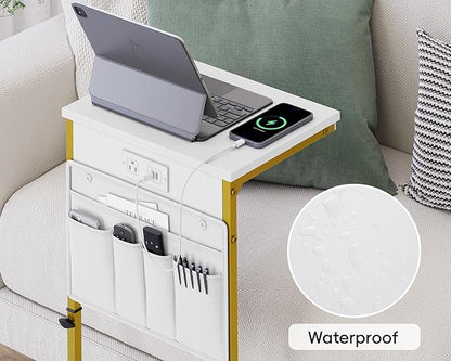 Vagusicc C Shaped End Table with Charging Station, Adjustable Height Side Table for Couch, Sofa Tables Laptop Couch Side Desk, Slide Under Sofa TV Tray Arm C Table for Living Room Bedroom, Golden