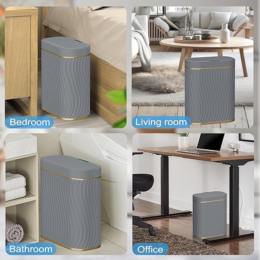 Bathroom Small Trash Can with Automatic Touchless Lid, 2.6 Gallon Smart Garbage Can Narrow Waterproof Trash Bin for Bedroom, Office, Living Room