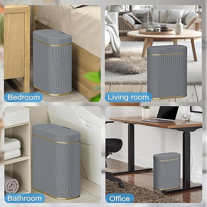 Bathroom Small Trash Can with Automatic Touchless Lid, 2.6 Gallon Smart Garbage Can Narrow Waterproof Trash Bin for Bedroom, Office, Living Room