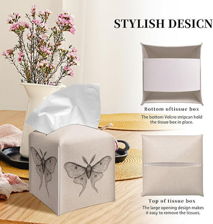 Grace Yonks Minimal Tissue Box Cover Square - Vintage Moth Study Design 5.2" PU Leather Holder for Vanity, Desk, or Bathroom Counter - Cube Case for Facial Tissues. (118)
