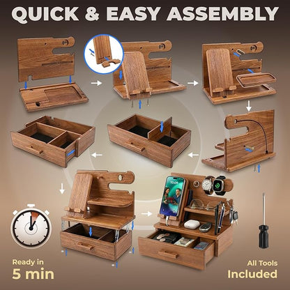 TESLYAR Wood Phone Docking Station with Drawer - Nightstand Organizer - Desk Organizer for Husband - Birthday Gifts for Men, Dad, Anniversary Idea, Key Holder Stand Watch & Accessories (Earth Beige)