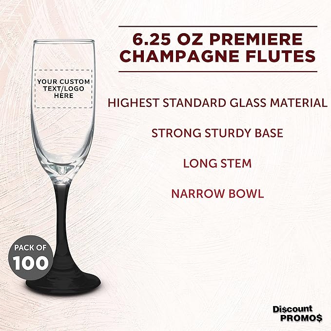 DISCOUNT PROMOS Custom Premiere Champagne Flutes 6.25 oz. Set of 100, Personalized Bulk Pack - Elegant Drinkware for Weddings, Events, & Promotional Gifts - Black