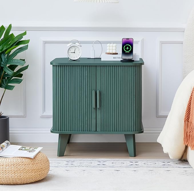 24" Large Fluted End Table with Charging Station, Farmhouse Sofa Side Table with Sliding Tambour Door & Storage, Curved Rustic Wood Nightstand for Living Room, Bedroom, Green