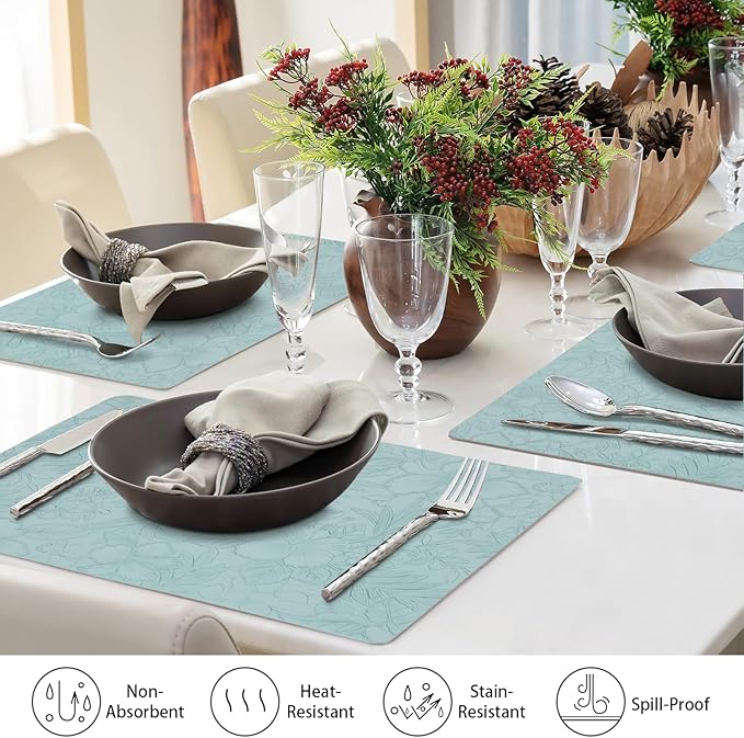 SolaraDawn Faux Leather Table Placemats Set of 6, Washable, Wipeable & Heat-Resistant Table Mats, Waterproof Dining Place Mats with Embossed Texture for Kitchen & Dining, Ice Blue, 17" × 12"