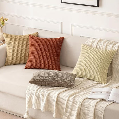 MIULEE Pack of 2 Dark Rust Corduroy Decorative Pillow Covers 12x12 Inch Soft Boho Striped Throw Pillow Covers Modern Farmhouse Home Decor for Summer Sofa Living Room Couch Bed