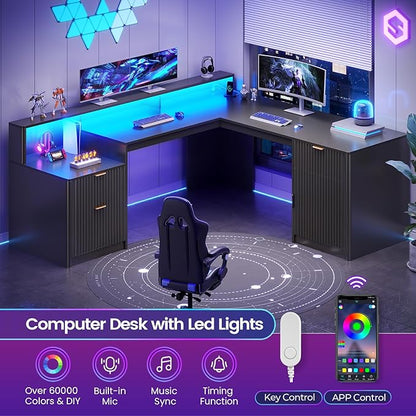 SEDETA 66" Modern L Shaped Desk with Drawers, Fluted Home Office Desk with File Cabinet and Printer Shelf, Wood Executive Desk with Monitor Stand, Led Lights, Power Outlets, Black