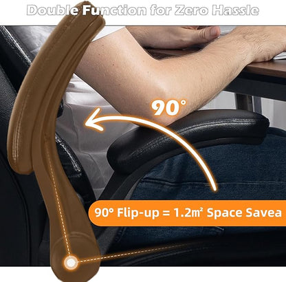 Office Chair - Ergonomic High Back Computer Desk Chair with Rocking Function & Lumbar Support - Executive Comfortable Wide Swivel Rolling Office Leather Chair with Flip-up Armrests for Home Gaming