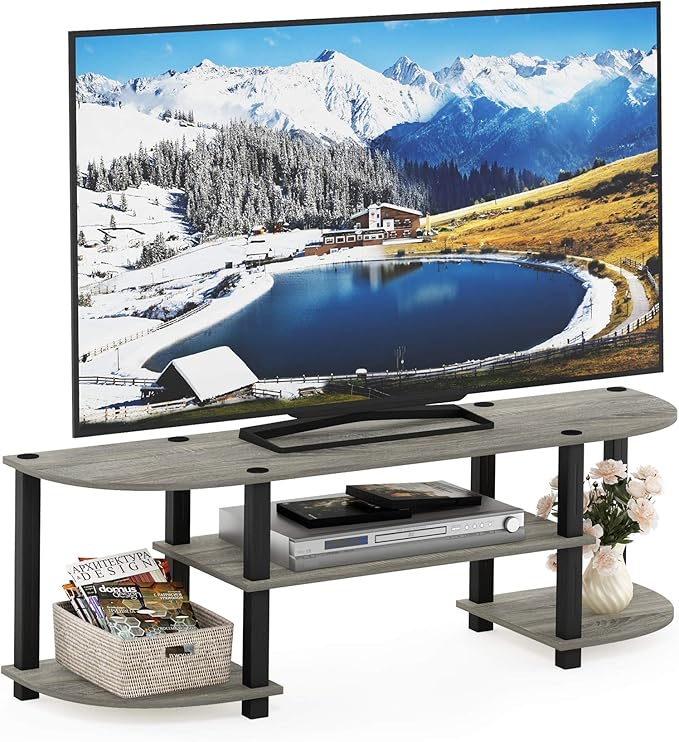 Furinno Turn-S-Tube Toolless Assembly TV Stand for TV up to 55 Inch, 3-Tier Grey Entertainment Center, TV Console for Living Room, Bedroom, Home Office, Grey Oak