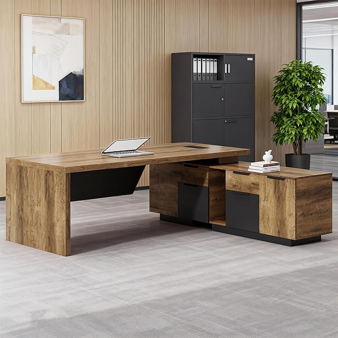 SAINTCY L-Shaped Executive Desk, Retractable Office Desk with Drawers, Large Wood Computer Desks for Boss, Bussiness Owners, Manangers and Supervisors, Adjustable Width (Right Return, 86.6" to 94.5")