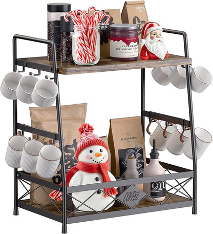 LOTEYIKE 2 Tier Coffee Cup Holder for Countertop, Coffee Mug Organizer with 12 Hook, Coffee Mug Holder, Metal Coffee Mug Shelf for Coffee Bar Kitchen, Black