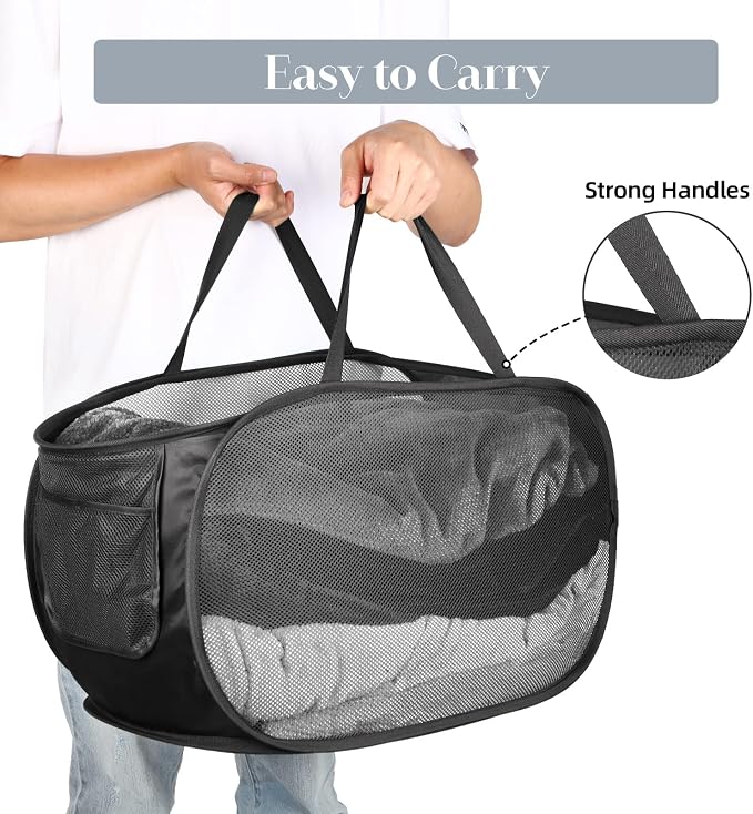 4 Pcs Durable Collapsible Laundry Baskets, Foldable Laundry Basket Large Opening, Pop Up Laundry Hamper with Pocket, Clothes Hamper with Handles for Laundry, Bathroom, Kids Room, Dorm or Trave