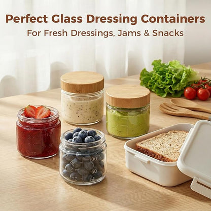HomArtist 3oz Glass Salad Dressing Containers with Bamboo Lids - 6 Pack Small Airtight Condiment Cups, Mini Sauce Jars for Picnic, Ketchup, Dip & Snacks, Leakproof, BPA-Free & Dishwasher Safe