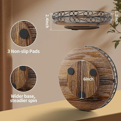 10" Lazy Susan Turntable Organizer for Table Top, Round Wooden Lazy Susan for Cabinet, Farmhouse Decorative Tray for Coffee Table, Kitchen Organizer Countertop, Center Piece Decor, Rustic Brown