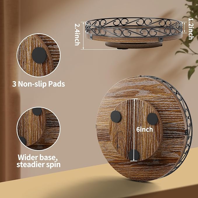 Yoobure 13" Lazy Susan Turntable for Cabinet - Farmhouse Wooden Round Tray for Table Top, 360° Rotating Lazy Susans Counter Organizer with Patterned Raised Edge for Kitchen Decor, Rustic Brown