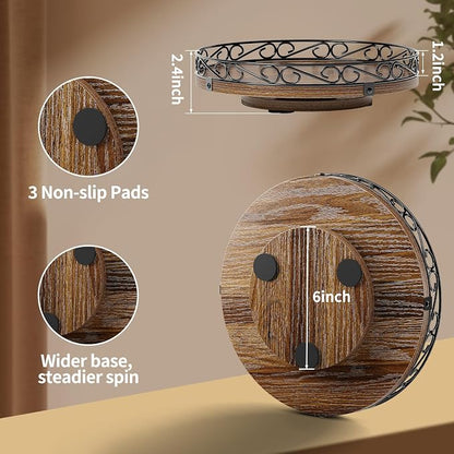 Yoobure 13" Lazy Susan Turntable for Cabinet - Farmhouse Wooden Round Tray for Table Top, 360° Rotating Lazy Susans Counter Organizer with Patterned Raised Edge for Kitchen Decor, Rustic Brown