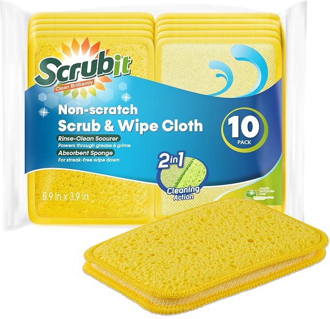 Scrub and Wipe Cleaning Pads [10 Pack] – SCRUBIT Dual Sided Scouring Pad and Sponge - Reusable Kitchen Scrubbing Sponges for Dishes, Pots, Pans Utensils & Non-Stick Cookware (Yellow)