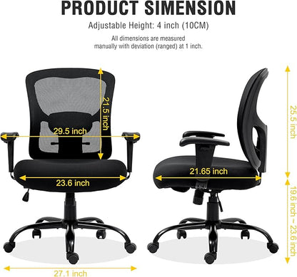 Bigroof Big and Tall Office Chair 500LBS Ergonomic Mesh Desk Chair with Adjustable Lumbar Support Arms Wide Seat Task Executive Rolling Swivel Chair for Heavy People (Black-500LBS)