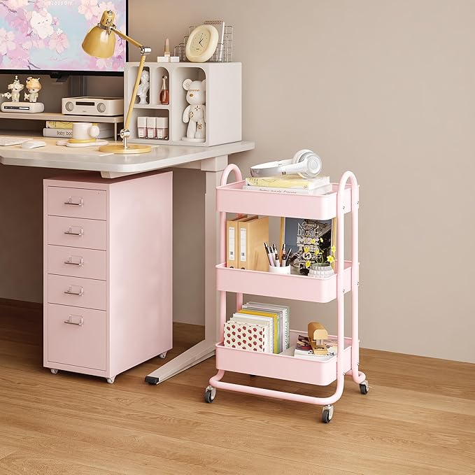 MIOCASA 3-Tier Metal Utility Rolling Cart, Heavy Duty Multifunction Cart with Lockable Casters, Easy to Assemble, Suitable for Office, Bathroom, Kitchen, Garden
