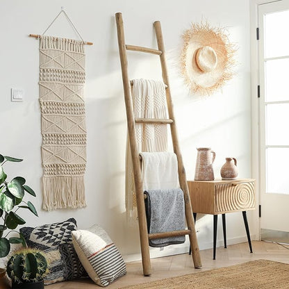 FUIN Fully Assembled 6ft Wood Blanket Ladder Living Room Decorative Wall Leaning Farmhouse Quilt Display Holder Rustic Wooden Towel Rack for Bathroom, Brown
