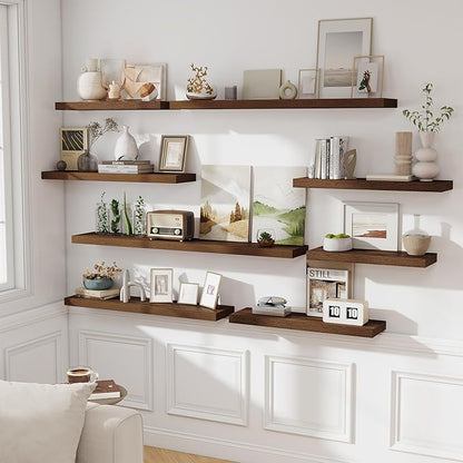 Fun Memories 48 Inch Floating Shelves for Wall 8 Inch Deep Walnut Shelves Set of 2, Wall Mounted Rustic Wood Long Floating Shelf, Large Display & Storage Shelf with Invisible Brackets