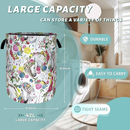 Beautiful Horse Laundry Basket Colorful Floral Animal Laundry Hamper Foldable Oxford Cloth Funny Tote Bag Clothes Toy Storage Bucket For Bathroom/Laundry Storage/Bedroom 18.9 x 16.5 Inch