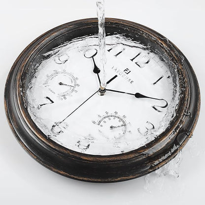 Lafocuse Brown Outdoor Wall Clocks Waterproof for Patio with Thermometer, 12 Inch Hygrometer Wall Clock for Kitchen Bathroom Garage