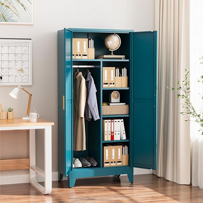 COFaR Peacock Blue Armoire Wardrobe, 71" Metal Closet with Reversible Hanging & Shelving Sections, Freestanding Storage Cabinet with Top Compartment & Adjustable Shelves