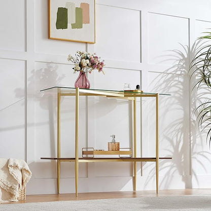 Rectangle Glass Console Table, Mid-Century Modern Design, L41*W14*H32 inch, for Living Room, Clear Glass Top and Walnut Finish Wood Shelf, Conical Metal Legs with Gold Finish