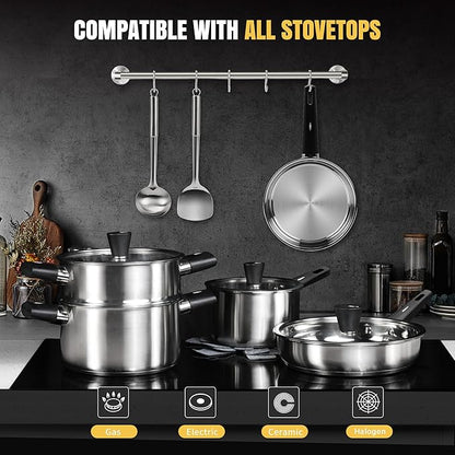 Meythway 14-Piece Stainless Steel Cookware Set for Induction Stovetops – Non-Toxic Pots & Pans with Stay-Cool Handles, Glass Lids, Steamer, Pot Mats & Utensils – Dishwasher Safe Kitchen Cookware