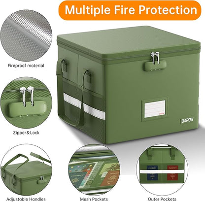 ENGPOW 5200°F File Box Fireproof Document Box with Lock,Heat Insulated Collapsible File Storage Organizer Box with Handle,Portable Home Office File Cabinet for Hanging Letter/Legal Size Folder, Green