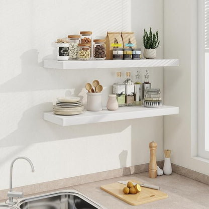 Fun Memories White Floating Shelves 36 Inch Long, 9.3 Inch Deep Floating Shelf 2 Pack for Wall Bathroom, Living Room, Kitchen, Large Long Wall Shelves with Heavy-Duty Bracket for Books Decor