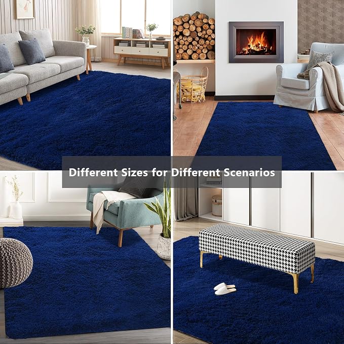 Shag Area Rugs for Bedroom Living Room,5X8 Ultra Soft Fluffy Area Rugs for Dorm,Indoor Carpet Plush Rugs for Living Room Home Decor, Navy Blue