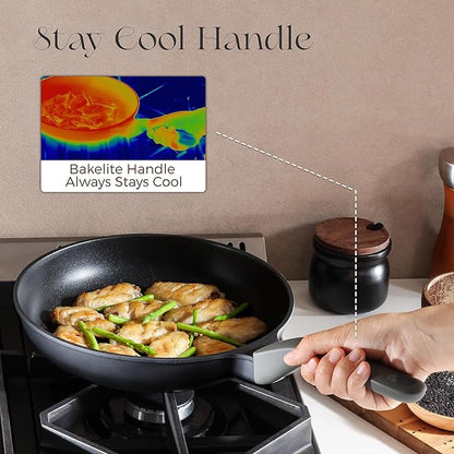 PRICUSIS Nonstick Frying Pan with Lid, 8/10 Inch Skillet with Stay Cool Handle, Fully Coated, Induction Compatible & Oven Safe, 100% Dishwasher Safe, PTFE & PFOA Free（8 Inch, Black Sesame）