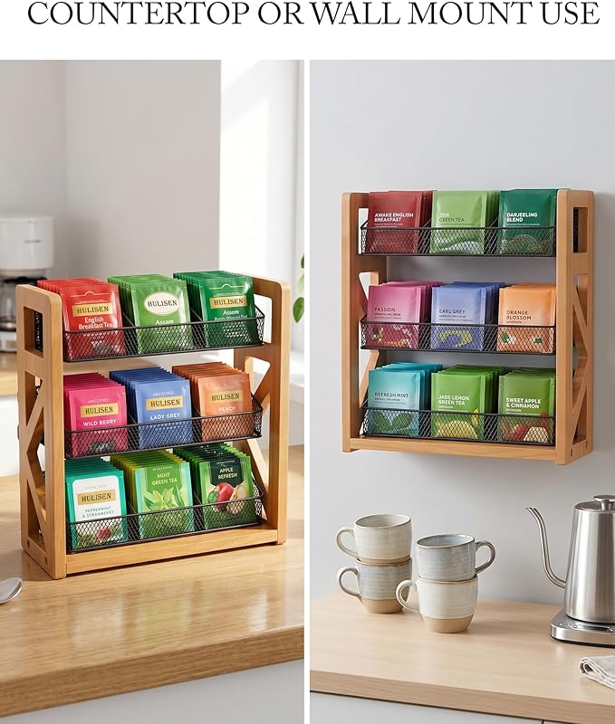 HULISEN 3 Tier Tea Bag Organizer for 120 Tea Bags, Tea Bag Holder with Removable Basket, Wood Stand & Metal Teabag Storage Rack for Coffee Bar Counter Kitchen Cabinet Pantry, Countertop or Wall Mount