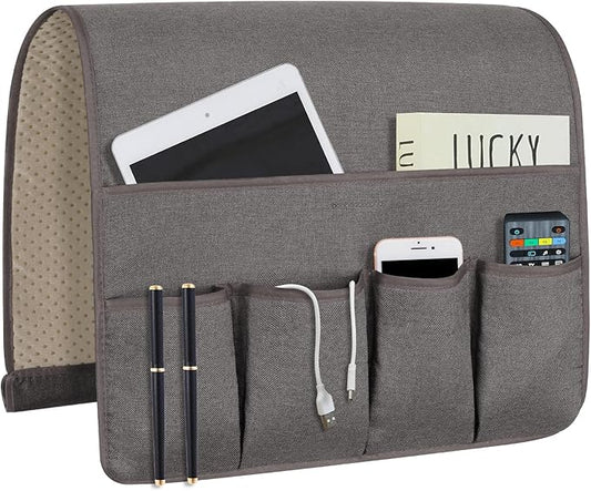 NB Sofa Armrest Organize Remote Holder Bedside Caddy Organizer With 5 Pockets，Non-Slip Couch Remote Control Holder Couch Armchair Caddy Accessories (Dark Grey, 35''X18'')