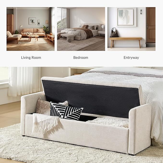 HULALA HOME Modern Storage Bench with Throw Pillows, 59.4" Extra Long Bedroom Ottoman Bench for End of Bed, Comfy Upholstered Footstool for Entryway Living Room Dining Room, Linen